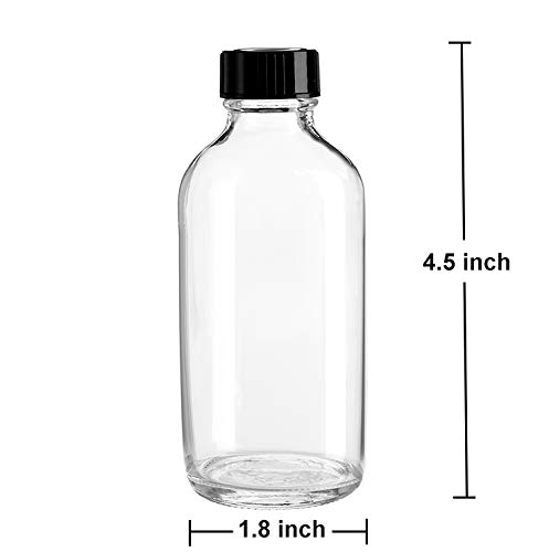 Bekith Paquete de 24 botellas redondas Boston transparentes con tapa de cono de polietileno negro, botellas de vidrio transparente de 4 onzas,