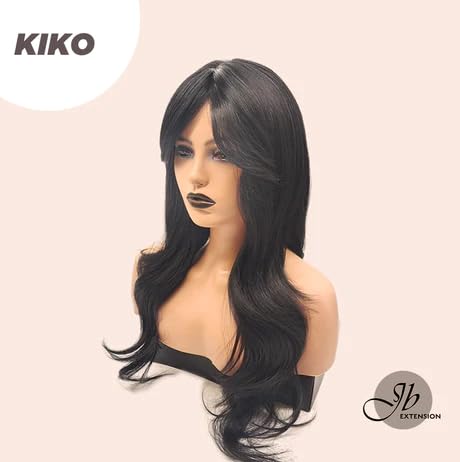 KIKO – Peluca larga y rizada negra con flequillo en capas, pelucas sin pegamento para mujer, pelucas sintéticas naturales para uso diario (pelucas