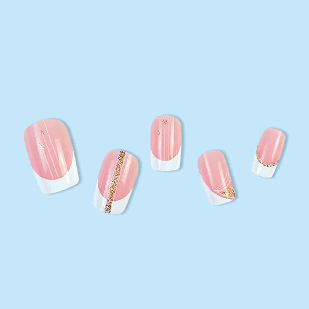 Foccna Uñas blancas a presión medianas, uñas postizas de color rosa, uñas postizas cuadradas acrílicas con brillantes, uñas artificiales francesas