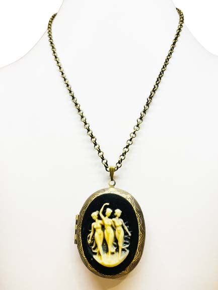 Black and Ivory Three Graces Cameo Locket Necklace