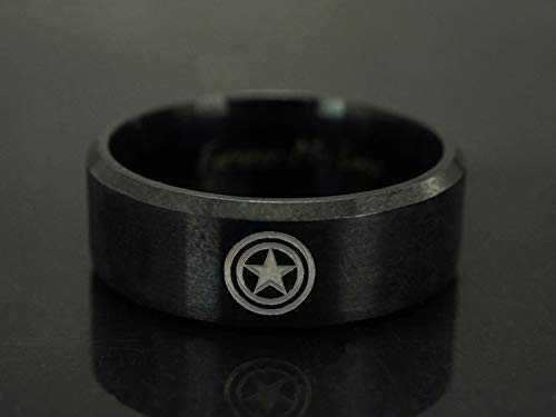 Captain America jewelry Ring, Super Hero Ring, Personalized symbol Ring, Engraved Ring, Stainless Steel Ring, Black IP Beveled Edge Band