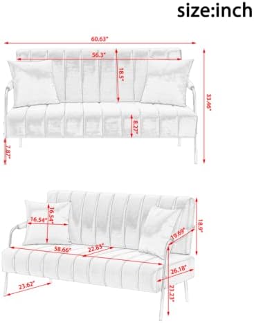 Sofá biplaza de terciopelo con 2 almohadas, sofá de tela con patas de metal para espacios pequeños, sofá modular suave de 2 asientos para sala de