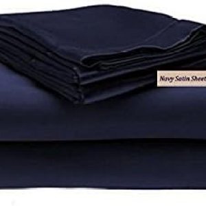 Grand Linen Juego de sábanas de satén Charmeuse suave y sedoso de 4 piezas, tamaño King, color azul marino liso, fundas de almohada, con bolsillos Grand Linen Juego de sábanas de satén Charmeuse suave y sedoso de 4 piezas, tamaño King, color azul marino liso, fundas de almohada, con bolsillos