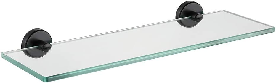 JQK Estante de vidrio para baño negro, almacenamiento de ducha de vidrio templado de 16 x 5 pulgadas, montaje en pared negro mate de acero