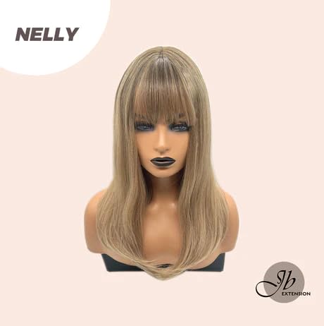 NELLY – Peluca de cabello lacio con flequillo completo, sin pegamento, para mujer, pelucas sintéticas naturales para uso diario (pelucas de cabello