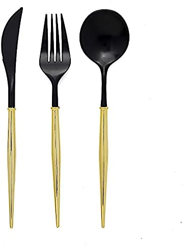 BalsaCircle – Juego de 24 cubiertos desechables de plástico negro y dorado, cuchara, tenedor y cuchillo, suministros de decoración de recepción