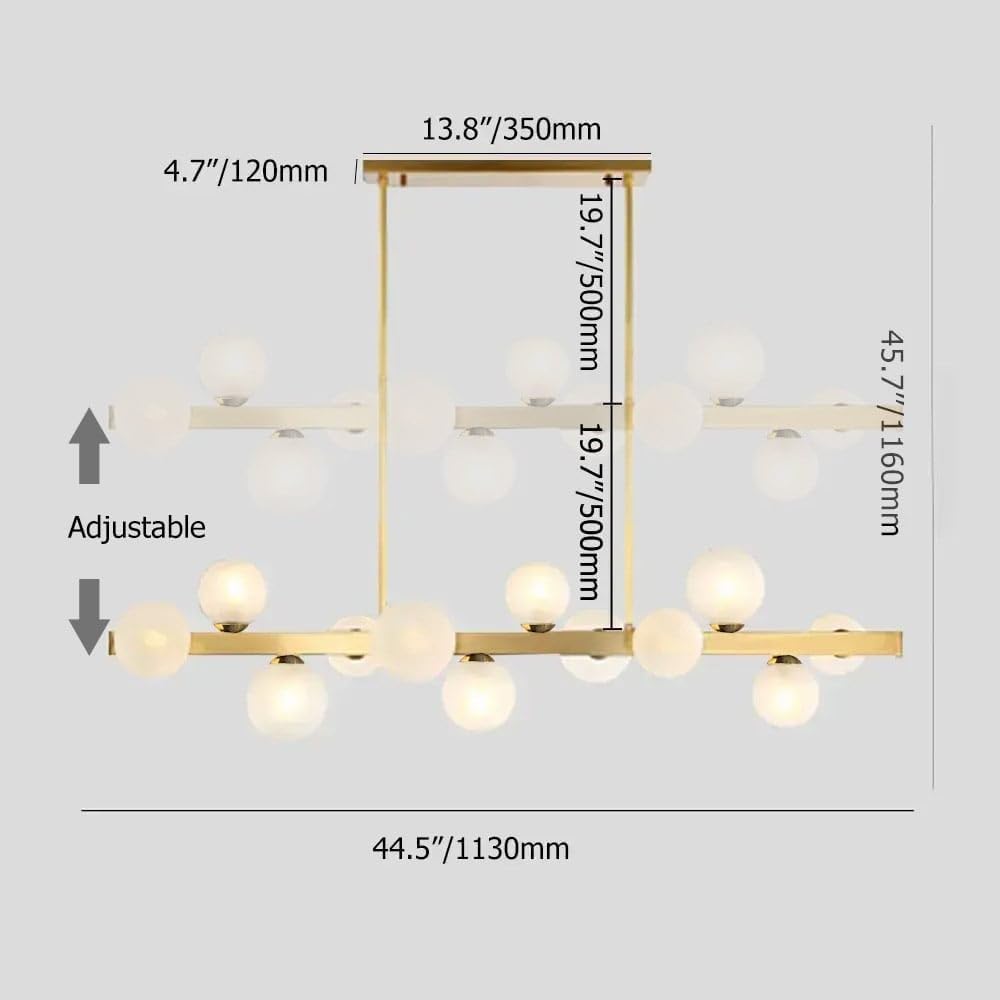 Lámpara de araña lineal moderna para isla de cocina con pantalla de vidrio blanco claro en oro (12 luces)