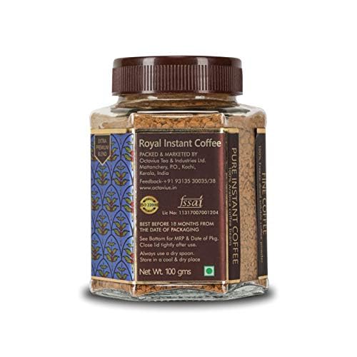 Octavius Royal Instant Coffee, café molido indio de tostado medio oscuro, perfectamente equilibrado, siempre suave, fabricado con granos 100% del