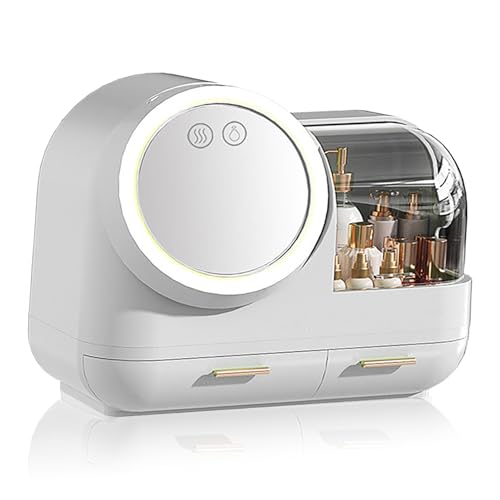 HURRISE Estuche de maquillaje con ventilador de espejo, organizador de maquillaje portátil con espejo y luz LED, vitrina de almacenamiento de