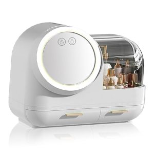 HURRISE Estuche de maquillaje con ventilador de espejo, organizador de maquillaje portátil con espejo y luz LED, vitrina de almacenamiento de HURRISE Estuche de maquillaje con ventilador de espejo, organizador de maquillaje portátil con espejo y luz LED, vitrina de almacenamiento de