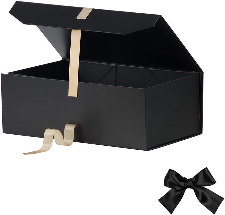 Caja de regalo negra grande, 12 x 8 x 4.5 pulgadas, caja de regalo grande con cinta, caja de regalo negra con tapa de cierre magnético, caja de