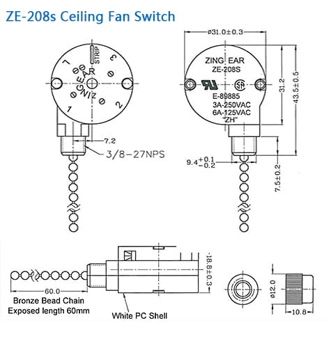 ZE-208S – Interruptor de cadena para ventilador de techo, ZE-208S 3 velocidades 4 cables interruptor de luz de ventilador con 4 cables