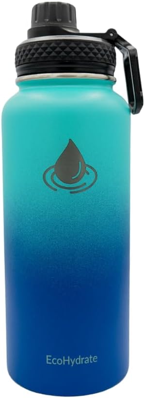 EcoHydrate – Botella de agua deportiva de 32 onzas, acero inoxidable, térmica aislada, botellas de gimnasio y deportes, azul y azul claro