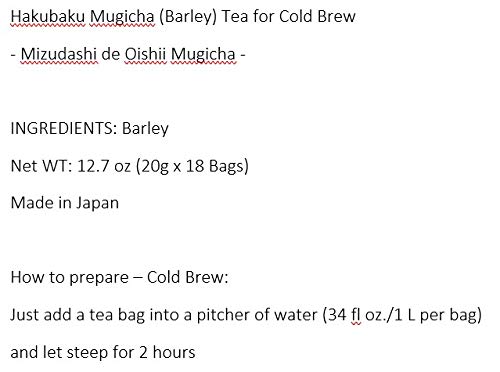 Hakubaku Té japonés de cebada Mugicha para infusión fría (Mizudashi), sin cafeína, sin calorías, 18 bolsas de infusión fría.