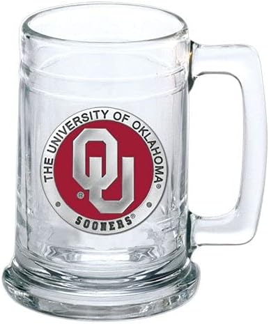 Vaso de cerveza Oklahoma  Vaso de cerveza de estilo alemán de 15 onzas  Incrustación de metal Alma Mater de peltre intrincadamente elaborada