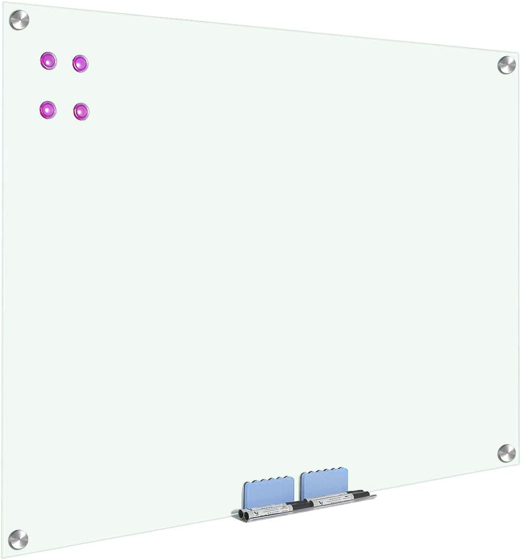 Pizarra blanca magnética de cristal, para montaje en pared, pizarra blanca de borrado en seco con 2 imanes, 1 borrador (48 x 36)
