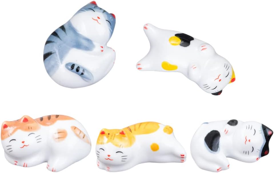 BESTonZON 5 palillos de gato con soporte para pinceles de pintura china, estilo japonés, porcelana, lindo gato de la suerte, soporte para palillos