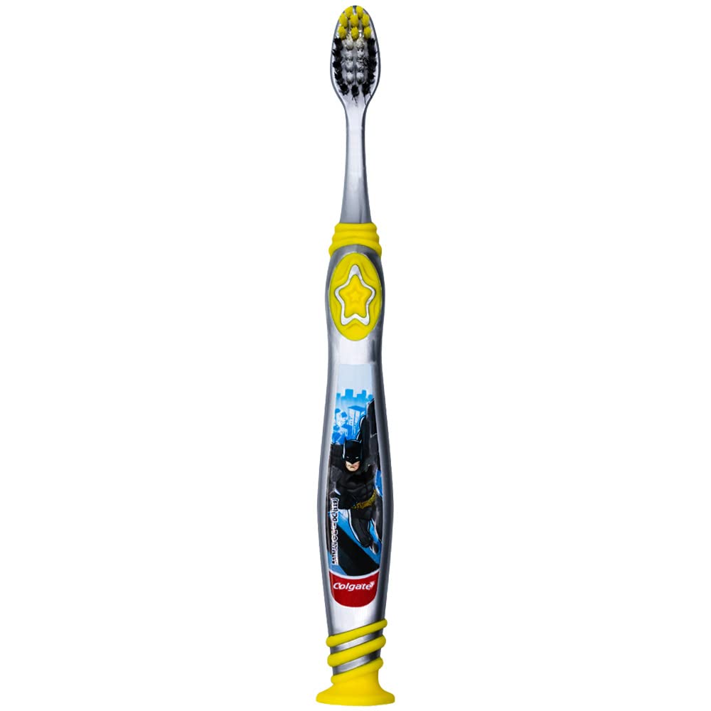 Colgate Batman – Cepillo de dientes para niños con ventosa, niños de 5 años en adelante, extra suave (los colores varían), paquete de 2