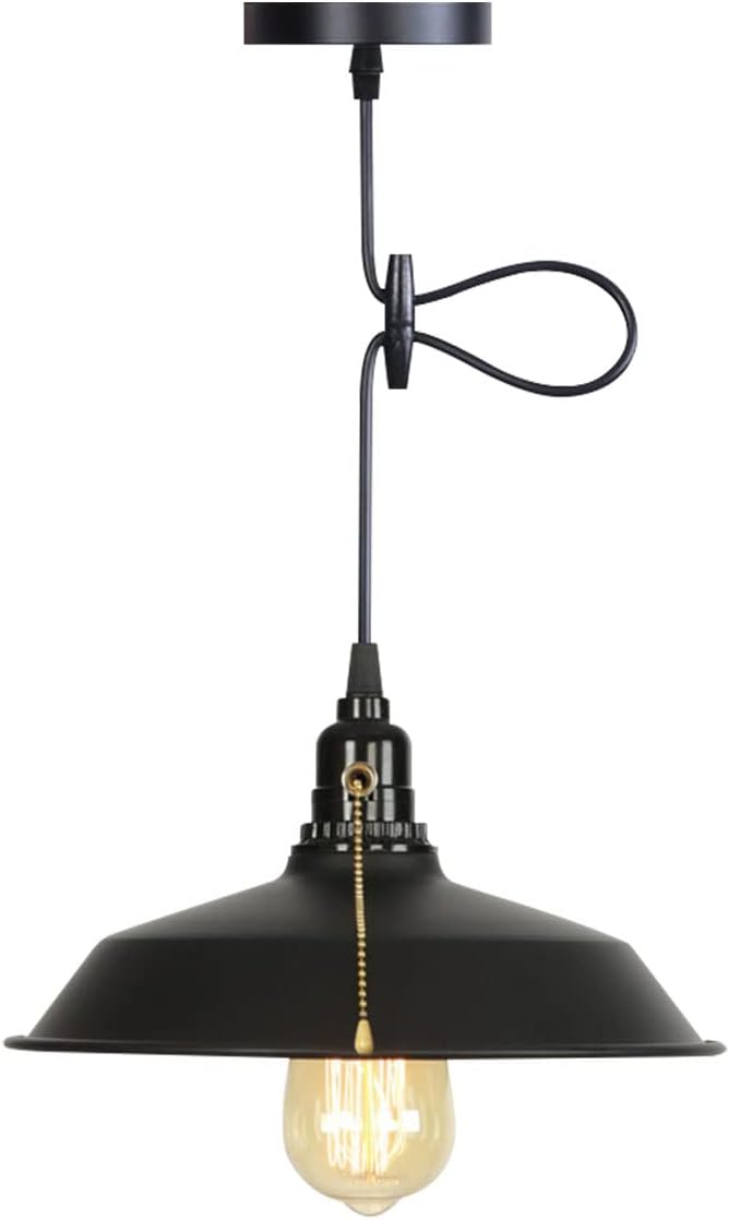 Lámpara colgante con interruptor de cadena, lámpara de techo industrial, altura ajustable de metal, E26, para isla de cocina, sótano, garaje (negro)