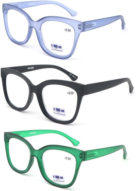 UNTAMID Lentes de lectura con bloqueo de luz azul para mujeres y hombres, cómodos y elegantes, para lectores cuadrados, paquete de 3 (paquete de 3
