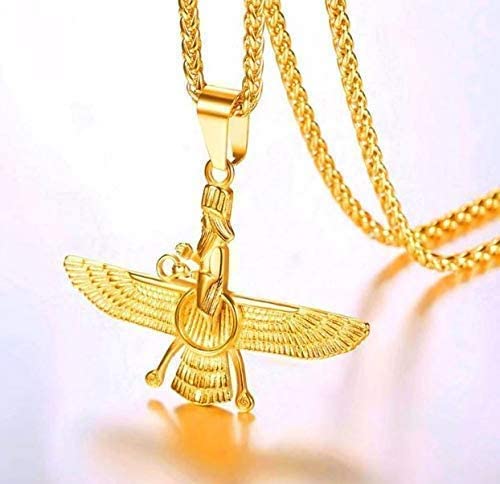 Future Faravahar Ahura Mazda Pendant Men Iran Jewelry Gold Plated Zoroastrian Gold Color Iranian Necklace for Men and Women, Father’s Day Gift!,