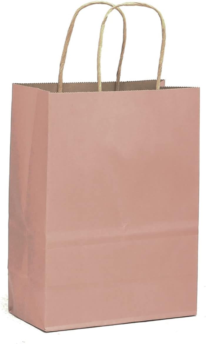 qiqee Paquete de 100 bolsas de regalo de papel rosa fresco con asas a granel de 8.26 x 6 x 3.15 pulgadas, bolsas de regalo de tamaño pequeño para