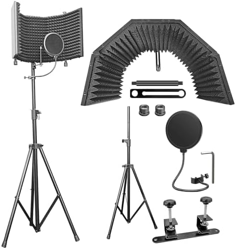 AxcessAbles – Escudo de aislamiento de micrófono de estudio de grabación grande de 32 x 13 pulgadas con soporte de trípode de 3 niveles y filtro pop