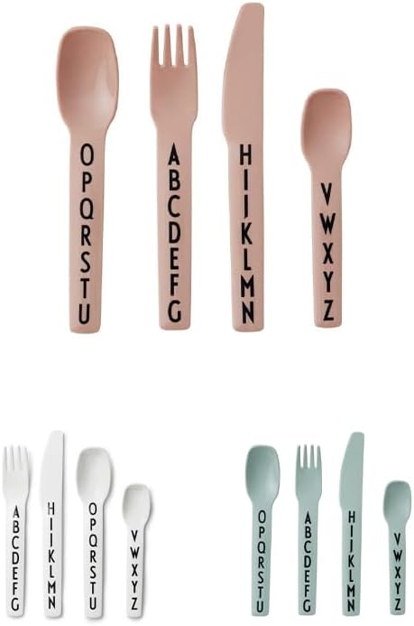 Design Letters Eat & Learn – Juego de 4 tenedores, cuchillos y cucharas para niños pequeños, diseño en Dinamarca, juego de cubiertos Tritan para