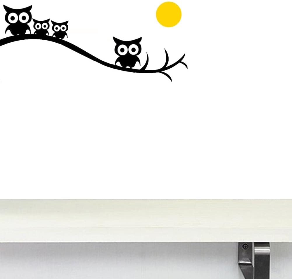 BIBITIME Calcomanía de pared de la familia de búhos, diseño de pájaros, rama de árbol, noche, amarillo, redondo, luna, para habitación de niño y niña