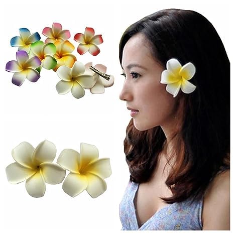 2 pinzas para el pelo hawaianas Frangipani Plumeria, cabeza de espuma, 2.8 in, color blanco y rosa