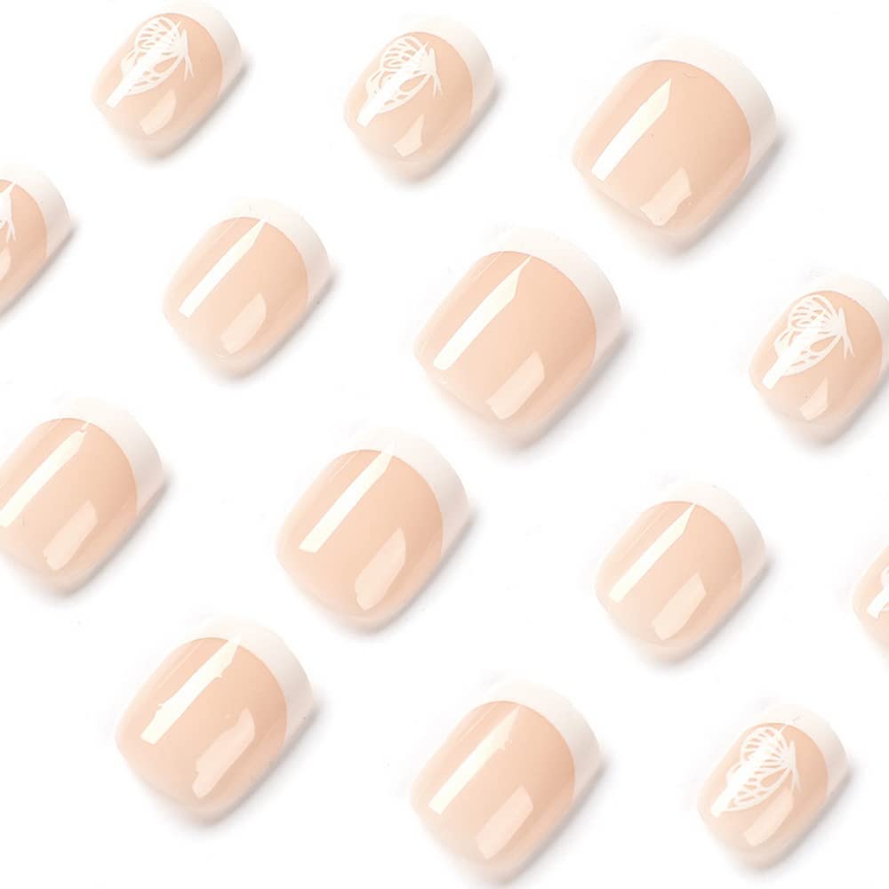 24 uñas postizas cortas de punta francesa, uñas postizas cortas, uñas adhesivas brillantes, uñas acrílicas de cobertura completa con diseño de