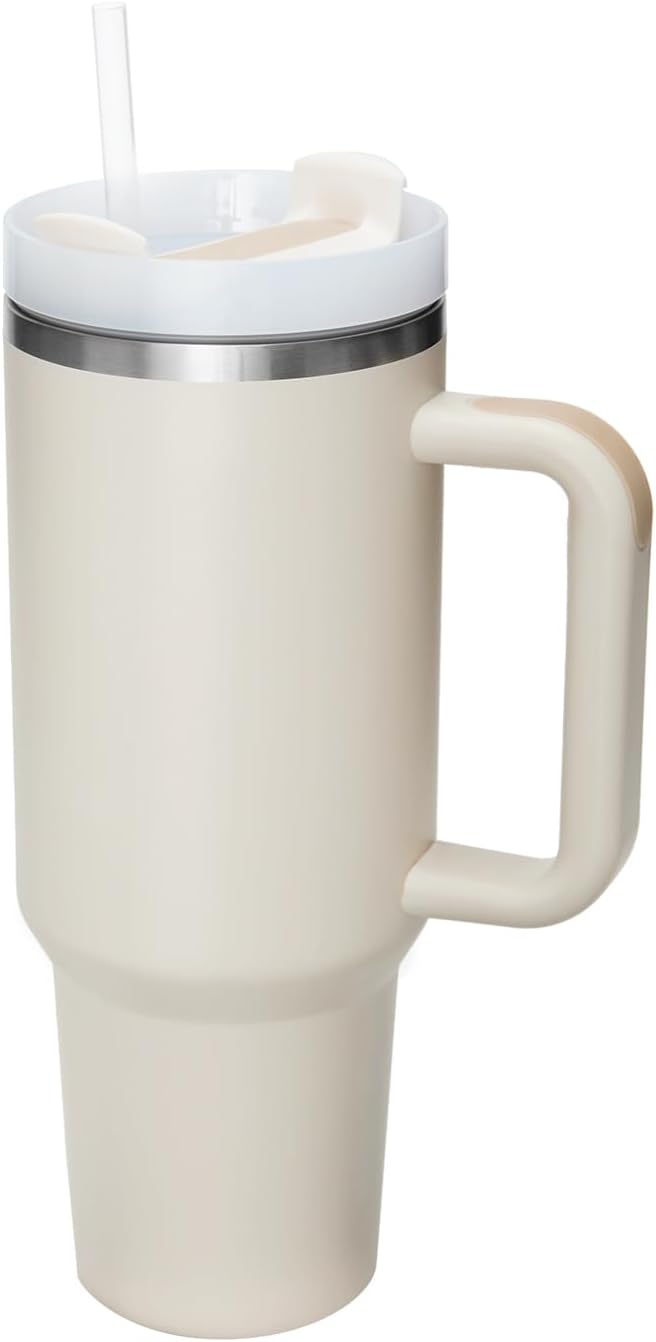 Vaso de 40 onzas con asa y tapa con pajilla, vaso de acero inoxidable aislado al vacío, taza de viaje para agua, té helado o café, batido, regalos