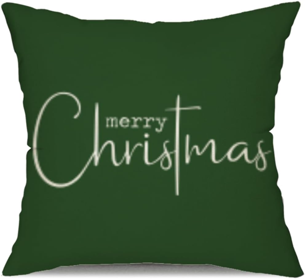 Fundas de almohada navideñas con texto en inglés Merry Christmas, decorativas, de tela de algodón, color verde, de lino, funda de almohada para