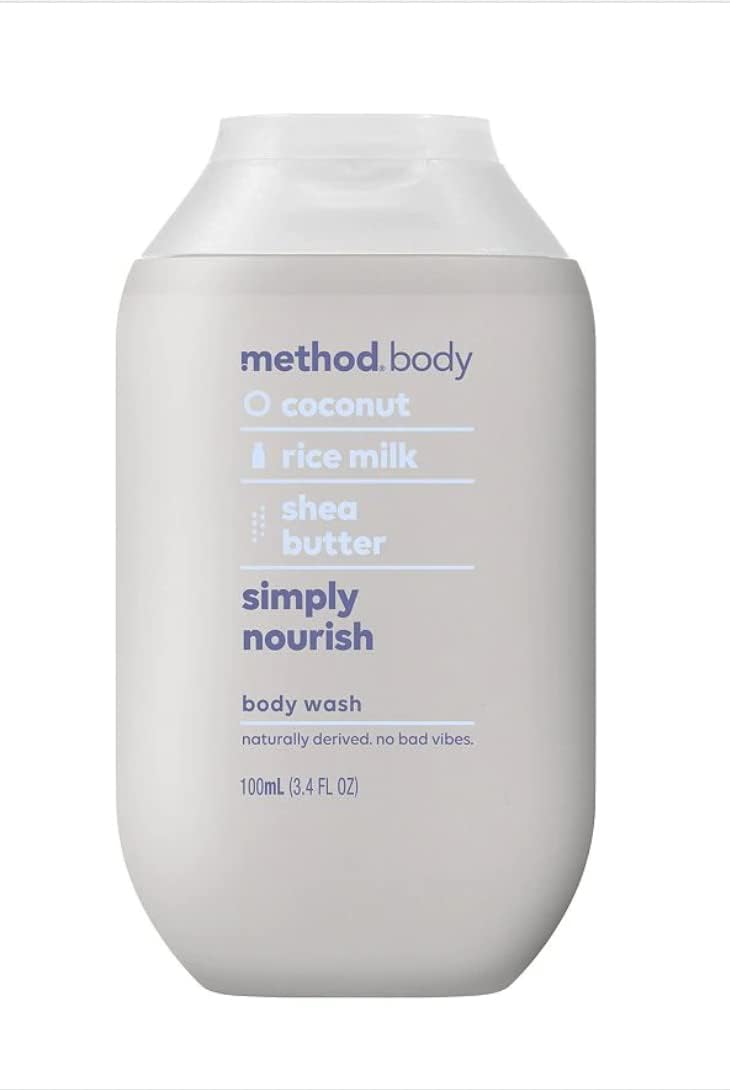 Method Gel de baño Simply Nourish, leche de coco, arroz y manteca de karité, ingredientes a base de plantas, sin parabenos ni ftalatos, tamaño mini