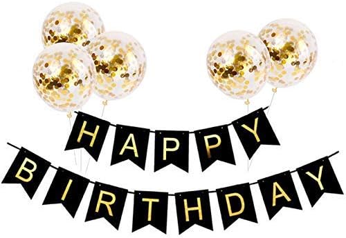 Tellpet Globo negro del número 60 + pancarta de globos de feliz cumpleaños con 5 globos de confeti dorados, decoraciones de feliz cumpleaños