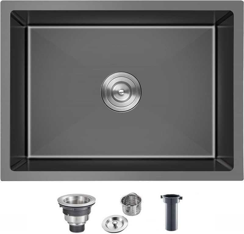 MESIDA Fregadero de cocina de acero inoxidable SUS304 de 22 pulgadas con un solo tazón, color negro (22 x 18 x 9 pulgadas)
