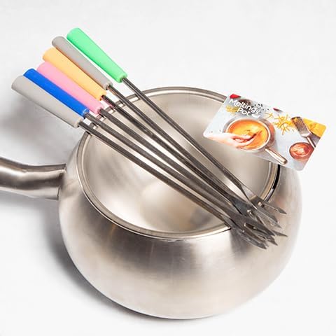 The Official Melting Pot Juego de 8 piezas para fondue  Olla de acero inoxidable de 2 cuartos de galón con forro y 6 tenedores de fondue para queso,