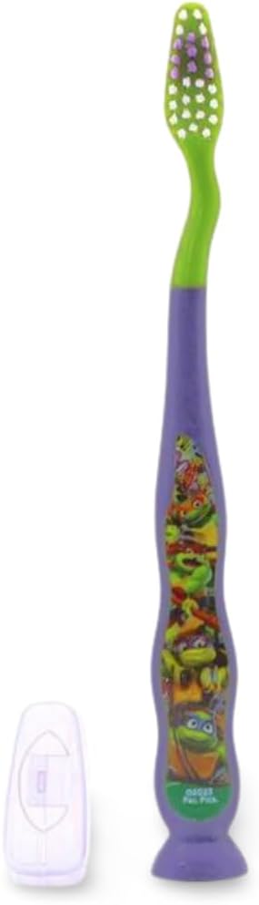 Mr.White Cepillo de dientes manual de las Tortugas Ninja con licencia oficial perfecto para niños de 3 años con ventosa y tapa de viaje, cerdas