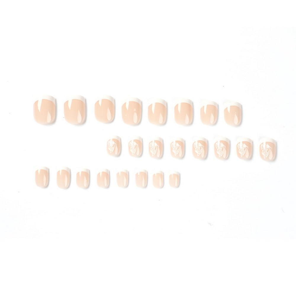 24 uñas postizas cortas de punta francesa, uñas postizas cortas, uñas adhesivas brillantes, uñas acrílicas de cobertura completa con diseño de