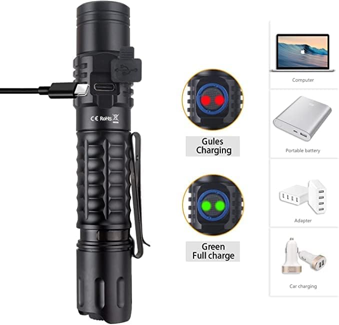 Wurkkos Linterna táctica, linterna súper brillante de 2000 lúmenes, linterna recargable de 1,131.9 ft de largo alcance, interruptor doble, IPX8