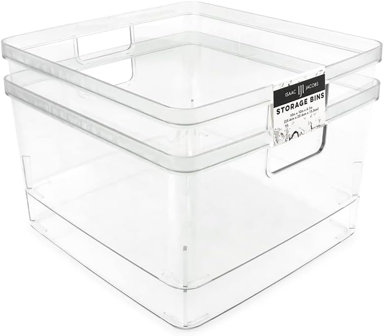 Isaac Jacobs – Paquete de 2 cubos de almacenamiento cuadrados transparentes (10 pulgadas de largo x 10 pulgadas de ancho x 6.1 pulgadas de alto) con