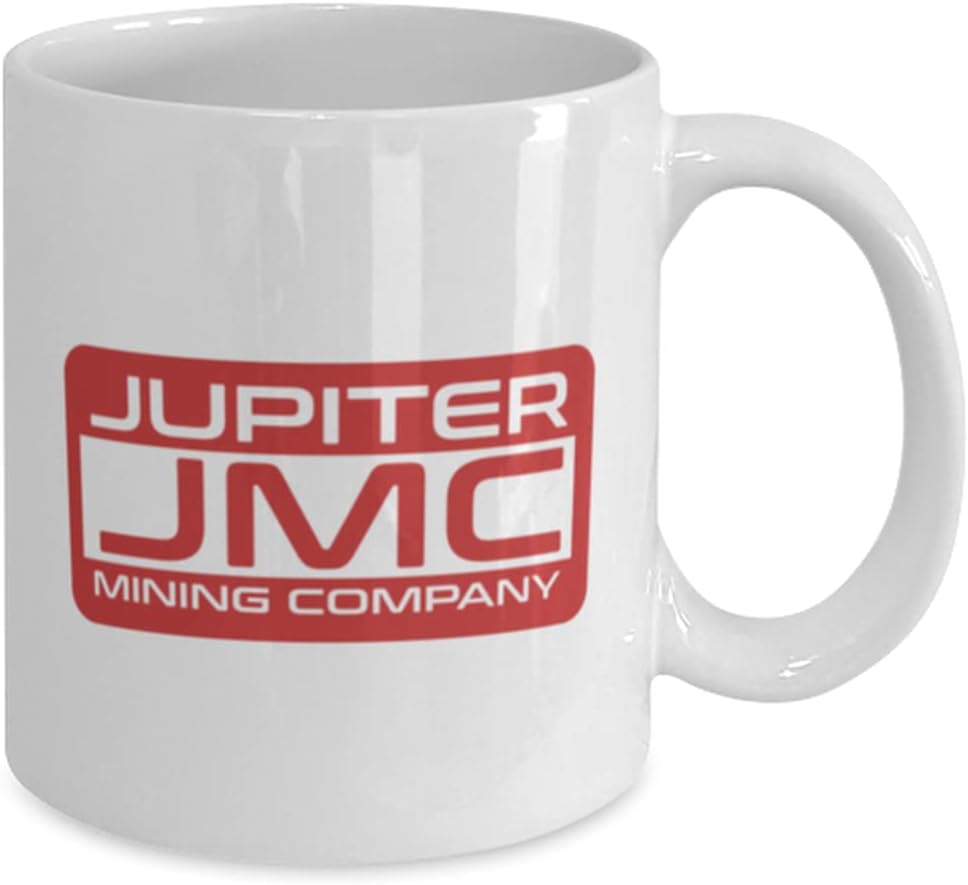 Jupiter Mining Company Logo Taza enana roja JMC. Taza de café de comedia británica de ciencia ficción.