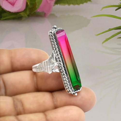 Watermelon Tourmaline Gemstone Ring 925 Sterling Silver Multicolor Stone Ring Handmade Long Rectangle Bar Ring For Women Elegant Tourmaline Jewelry