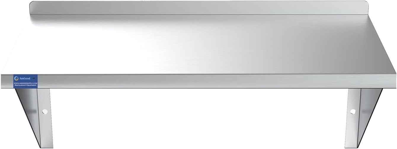 AmGood Estante de pared de acero inoxidable  Borde cuadrado  Resistente  Estantería de metal  Montaje en pared  Grado comercial  Certificado NSF