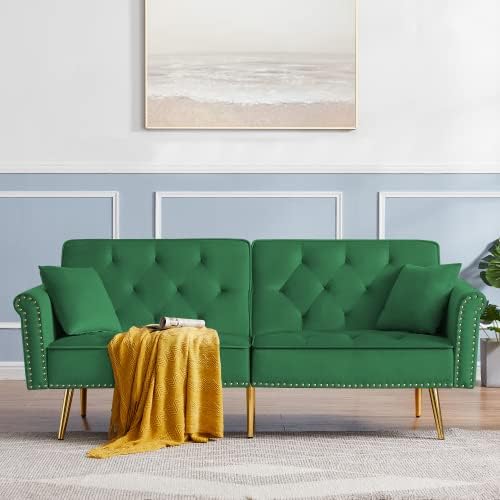Sofá cama convertible de tela de lino de terciopelo de 76 pulgadas, sofá futón de espuma viscoelástica, sofá cama moderno con respaldo ajustable y 2