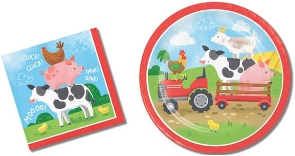 Juego de suministros para fiestas de animales de granja (plato de postre y servilleta para bebidas)