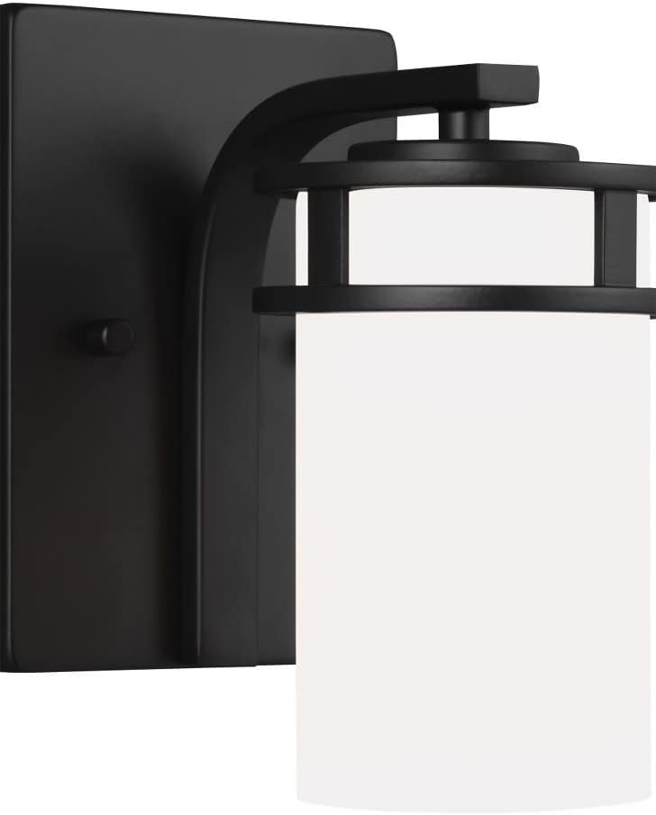 Generation Lighting 4121601-112 Robie – Lámpara de pared cilíndrica de vidrio blanco y grabado, 1 luz de 75 vatios, 8 pulgadas de alto x 5 pulgadas