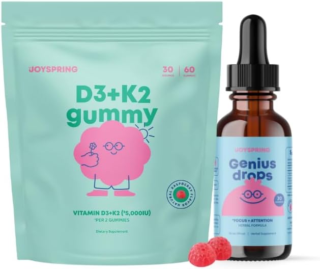 JoySpring Gotas orgánicas de enfoque para niños y gomitas de vitamina D3 para niños y niños pequeños