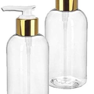 2 elegantes botellas redondas Boston de plástico PET transparente de 8 onzas con bomba de loción dorada brillante, jabón, loción de manos, champú, 2 elegantes botellas redondas Boston de plástico PET transparente de 8 onzas con bomba de loción dorada brillante, jabón, loción de manos, champú,