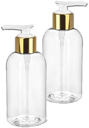 2 elegantes botellas redondas Boston de plástico PET transparente de 8 onzas con bomba de loción dorada brillante, jabón, loción de manos, champú,